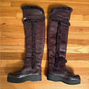 Hunter Women's Over-The-Knee Brown Leather and Shearling Boots